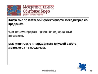 www.sale-buro.ru 18
Ключевые показателей эффективности менеджеров по
продажам.
% от объёма продаж – очень не однозначный
показатель.
Маркетинговые инструменты в текущей работе
менеджера по продажам.
 