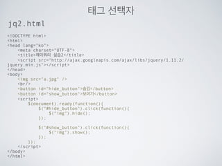 자바스크립트와 제이쿼리
document.getElementById(“ID”);
document.getElementById(“ID”).style.property
.innerHTML
.value
… 복잡 복잡
$(“TAG_NAME”);
$(“#ID”);
$(“.CLASS_NAME”);
.val();
…. 심플
자바스크립트의 기능들을 개선하는
레퍼(wrapper)라이브러리 입니다.
 