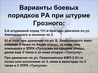 Варианты боевых
порядков РА при штурме
Грозного:
2-й штурмовой отряд 131-й бригады двигался по ул.
Хмельницкого в колонне по 2.
81-й полк при движении по ул. Б. Хмельницкого имел
впереди 2 танка по бокам улицы, за ними танк
командира и ЗПРК «Тунгуска» по средине улицы,
далее еще 2 танка и за ними вторую «Тунгуску».
При движении по ул. Первомайская БМП-2 81-го
полка шли колоннами по 3, имея в авангарде по 2
танка и 2 ЗПРК «Тунгуска».
 