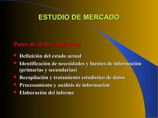 7
ESTUDIO DE MERCADOESTUDIO DE MERCADO
Pasos de la Investigación:Pasos de la Investigación:
 Definición del estado actualDefinición del estado actual
 Identificación de necesidades y fuentes de informaciónIdentificación de necesidades y fuentes de información
(primarias y secundarias)(primarias y secundarias)
 Recopilación y tratamiento estadístico de datosRecopilación y tratamiento estadístico de datos
 Procesamiento y análisis de informaciónProcesamiento y análisis de información
 Elaboración del informeElaboración del informe
 