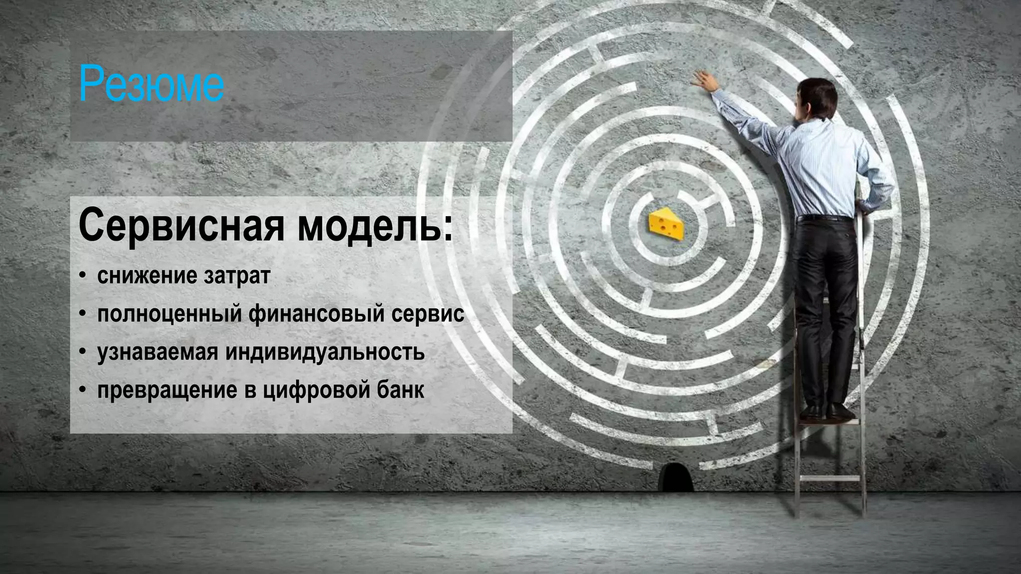 Резюме
Сервисная модель:
• снижение затрат
• полноценный финансовый сервис
• узнаваемая индивидуальность
• превращение в цифровой банк
 