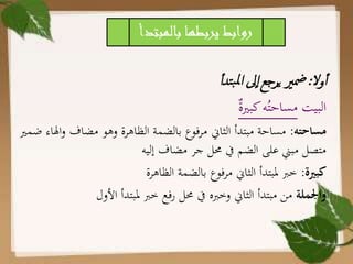 ‫وال‬‫أ‬:‫تدأ‬‫ب‬‫مل‬‫ا‬ ‫ىل‬‫ا‬ ‫يرجع‬ ‫مضري‬
‫البيت‬‫كبرية‬‫ه‬ُ‫مساحت‬
‫مساحته‬:‫و‬ ‫مضاف‬ ‫وهو‬ ‫الظاهرة‬ ‫بالضمة‬ ‫مرفوع‬ ‫الثاين‬ ‫مبتدأ‬ ‫مساحة‬‫ضمري‬ ‫اهلاء‬
‫إليه‬ ‫مضاف‬ ‫جر‬ ‫حمل‬ ‫يف‬ ‫الضم‬ ‫على‬ ‫مبين‬ ‫متصل‬
‫كبية‬:‫الظاهرة‬ ‫بالضمة‬ ‫مرفوع‬ ‫الثاين‬ ‫ملبتدأ‬ ‫خرب‬
‫واجلملة‬‫األول‬ ‫ملبتدأ‬ ‫خرب‬ ‫رفع‬ ‫حمل‬ ‫يف‬ ‫وخربه‬ ‫الثاين‬ ‫مبتدأ‬ ‫من‬
‫بالمبت‬ ‫يربطها‬ ‫روابط‬‫دأ‬
 