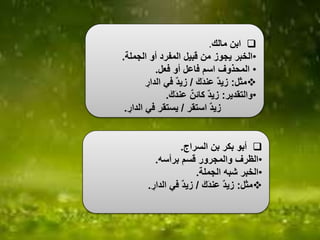 ‫مالك‬ ‫ابن‬.
•‫الجملة‬ ‫أو‬ ‫المفرد‬ ‫قبيل‬ ‫من‬ ‫يجوز‬ ‫الخبر‬.
•‫فعل‬ ‫أو‬ ‫فاعل‬ ‫اسم‬ ‫المحذوف‬.
‫مثل‬:َ‫ك‬َ‫د‬‫عن‬ ٌ‫د‬‫زي‬/‫الدار‬ ‫في‬ ٌ‫د‬‫زي‬
•‫والتقدير‬:َ‫ك‬َ‫د‬‫عن‬ ٌ‫ن‬‫كائ‬ ٌ‫د‬‫زي‬.
‫استقر‬ ٌ‫د‬‫زي‬/‫الدار‬ ‫في‬ ‫يستقر‬.
‫السراج‬ ‫بن‬ ‫بكر‬ ‫أبو‬.
•‫برأسه‬ ‫قسم‬ ‫والمجرور‬ ‫الظرف‬.
•‫الجملة‬ ‫شبه‬ ‫الخبر‬.
‫مثل‬:َ‫ك‬َ‫د‬‫عن‬ ٌ‫د‬‫زي‬/‫الدار‬ ‫في‬ ٌ‫د‬‫زي‬.
 