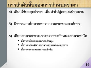 การลาดับขั้นของการกาหนดราคา
4) เลือกใช้กลยุทธ์ราคาเพื่อนาไปสู่ตลาดเป้าหมาย
5) พิจารณานโยบายทางการตลาดขององค์การ
6) เลือกราคาเฉพาะเจาะจงว่าจะกาหนดราคาเท่าใด
 ตั้งราคาโดยคานวณจากต้นทุน
 ตั้งราคาโดยพิจารณาจากอุปสงค์และอุปทาน
 ตั้งราคาตามสภาพการแข่งขัน
10
 