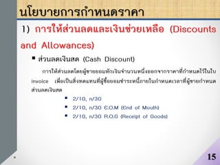 นโยบายการกาหนดราคา
1) การให้ส่วนลดและเงินช่วยเหลือ (Discounts
and Allowances)
 ส่วนลดเงินสด (Cash Discount)
การให้ส่วนลดโดยผู้ขายยอมหักเงินจานวนหนึ่งออกจากราคาที่กาหนดไว้ในใบ
invoice เพื่อเป็นสิ่งทดแทนที่ผู้ซื้อยอมชาระหนี้ภายในกาหนดเวลาที่ผู้ขายกาหนด
ส่วนลดเงินสด
 2/10, n/30
 2/10, n/30 E.O.M (End of Mouth)
 2/10, n/30 R.O.G (Receipt of Goods)
15
 
