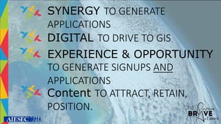 SYNERGY TO GENERATE
APPLICATIONS
DIGITAL TO DRIVE TO GIS
EXPERIENCE & OPPORTUNITY
TO GENERATE SIGNUPS AND
APPLICATIONS
Content TO ATTRACT, RETAIN,
POSITION.
 