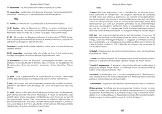 1er
novembre : le Preacheachon crée un syndicat ouvrier.
15 novembre : publication d’un livre de Sihanouk, “Le territoire de la Co-
chinchine” dénonçant la vietnamisation des Khmers Krom.
1956
11 février : ouverture de l’Ecole Royale d’Administration (ENA).
13-21 février : visite de Sihanouk en Chine, en Union soviétique et en
Tchécoslovaquie. Déclaration commune d’amitié sino-cambodgienne.
Premières aides fournies de la Chine à un pays non-communiste.
21-22 : 3è congrès du Sangkum refusant d’entrée dans l’OTASE Soute-
nant la politique neutraliste de Sihanouk, le Preacheachon propose son
adhésion au Sangkum. Elle est refusée.
Octobre : l’armée thaïlandaise relève la police pour occuper le temple
de Prah Vihear.
22-27 novembre : première visite offcicielle de Zhou En Lai, ministre des
Affaires étrangères de la République Populaire de Chine.
26 novembre : A Paris, les étudiants cambodgiens recréent une asso-
ciation, l’Union des Etudiants Khmers (UEK). In Sokan est élu président le
28 décembre. Dans son comité : Ieng Sary, Khieu Samphân, Thoun
Mumm.
1957
25 avril : pour la première fois, le Sud-Vietnam accuse le Cambodge
d’offrir des sanctuaires aux maquisards communistes vietnamiens.
2 mai : les troupes sud-vietnamiennes traversent la frontière cambod-
gienne et pénètrent dans le village de Chan Trea (province de Svay
Rieng).
11 août : débat public et radiodiffusé entre Sihanouk et cinq leaders du
parti démocrate dont le prince Phurissara. A l’issue de la réunion, des
soldats de la garde de palais vont battre les cinq hommes qui seront
très grièvement blessés. Des ratonnades de militants démocrates se
poursuivent pendant trois jours. Le Parti Démocrate disparaît. On retrou-
vera, une dizaine d’années plus tard, certains de ses militants parmi les
républicains, d’autres parmi les communistes.
Sangkum Reastr Niyum
1958
23 mars : élections législatives. Pour la première fois, les femmes votent.
Deux partis sont en compétition : le Sangkum, dont tous les candidats
ont été choisis par Sihanouk- parmi eux, on compte un très grand nom-
bre de candidats plus jeunes et plus qualifiés qu’auparavent, dont Hou
Yon et Hu Nim (candidats dans la province de Kampong Cham)- et le
Pracheachon qui, suite aux pressions policières, ne se présentent que
dans une circonscription (à Phnom Penh, le candidat étant Keo Meas
qui doit se cacher à la campagne. Toute la campagne électorale est
orientée contre le Preacheachon. Le Sangkum remporte tous les sièges.
8-25 juin : des régiments de l’armée du Sud-Vietnamien s’avancent 15
kilimètres en territoire cambodgien (nord-est de la province de Stung
Trèng). Selon les “Pentagon Papers”, il s’agissait d’intimider Sihanouk
pour qu’il adopte une attitude plus favorable aux Etats-Unis. L’échec de
cette initiative amène la CIA à étudier les moyens de provoquer la
chute de Sihanouk
24 juillet : établissement de relations diplomatiques avec la République
Populaire de Chine.
16 août : un détachement de l’armée thaïlandaise manifeste ostensi-
blement la présence thaïlandaise dans le temple de Preah Vihear.
18 août-3 septembre : à Bangkok, négociation khmero-thaïlandaise à
propos du temple Preah Vihear. La Thaïlade refuse de reconnaître les
cartes annexées au traité de 1907.
9octobre : à Washington, lors d’un discours prononcé à l’Asia Founda-
tion, Sihanouk tente de faire comprendre aux Américains la nécessité la
politique cambodgienne de neutralité.
28 novembre : suspension des relations diplomatiques avec la Thaïlande.
30 décembre : Sam Sary, ancien vice-premier ministre, ancien ambas-
sadeur à Londres, pro-américain, publie le premier numéro d’un journal
d’opposion, Rastrathipatey (Le peuple au pouvoir) et annonce la fon-
dation d’un parti politique, le Rassemblement des Khmers démocrates.
Persécuté par la police de Sihanouk, il s’enfuit à Saigon.*
Sangkum Reastr Niyum
116 117
 