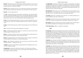 Sangkum Reastr Niyum
22 avril : Sihanouk accuse publiquement Khieu Samphan, Hou Yuon et
Hu Nim d'avoir fomenté le soulèvement de Samlaut et menace de les
traduire devant un tribunal militaire.
24 avril : Khieu Samphan et Hou Yuon prennent le maquis. Une tentative
de la droite par1ementaire d'enlever son immunité à Hu Nim échoue.
30 avril : Lon Nol démissionne.
1er
mai : vingt-troisième gouvernement du Sangkum : gouvernement Si-
hanouk. Le premier ministre est Son Sann. Quinze mille étudiants manifes-
tent à Phnom Penh pour protester contre l'assassinat présumé de Khieu
Samphan et Hou Yuon. Les manifestations durent plusieurs jours.
9 mai : le Cambodge demande à la communauté internationale sa re-
connaissance "dans les frontières définies par les cartes en usage en
1954 ".
31 mai : le FNL (Vietcong) reconnaît le Cambodge dans ses frontières de
1954.
Juin : Chea Sim et Heng Samrin rejoignent le maquis.
8 juin : la République Démocratique du Vietnam du Nord reconnaît le
Cambodge ses frontières de 1954.
22 juin : ouverture à Phnom Penh d'une représentation permanente du
Front national de libération du Sud-Vietnam (FNL).
24 juin : la représentation de la République Démocratique du Vietnam
du Nord (RDVN) est élevée au rang d'ambassade.
28 juin : des étudiants mettent à sac les locaux du journal de droite
"Khmer Ekareach ", dirigé par Sim Var.
13 juillet : décision de khmériser progressivement l'enseignement du se-
cond et troisième degré.
2 septembre : Sihanouk interdit l'association de l'amitié sino-khmère.
Animée par Hu Nim et Phouk Chhay, cette association distribuait le "Petit
livre rouge" de Mao Zedong.
11 septembre: suppression de tous les journaux à l'exception de quatre
quotidiens placés sous le contrôle du ministère de l'information. La liberté
d'expression disparaît totalement. Les abonnés au journal français Le
Monde sont fichés par la police. L'association des étudiants khmers, ani-
mée par Phouk Chhay est dissoute.
30 septembre: Sihanouk, lors d'un meeting dans la circonscription de Hu
Nim déclare, en sa présence, qu'il a "une face de Vietnamien ou de
Chinois" et qu'il " s'est exclu de la communauté nationale ".
5 octobre: Sihanouk considère que Hu Nim est " un traitre passible du tri-
bunal militaire et du bloc d'exécution ".
7 octobre: Hu Nim s'enfuit dans les montagnes des Cardamomes. Arres-
tation de nombreux enseignants et étudiants. Plusieurs sont abattus.
25 octobre: Sihanouk dénonce les " Khmers rouges "et les "Khmers bleus”
Des milliers d'étudiants et d'enseignants prennent le maquis.
27-29 décembre: 24ème congrès du Sangkum.
1968
8-12 janvier: visite de l'ambassadeur US en Inde, Chester Bowles, envoyé
spécial résident Johnson. Sihanouk réclame une reconnaissance des
frontières du Cambodge par les Etats-Unis. Il est également question de
l'éventualité d'actions militaires américaines en territoire cambodgien.
L'entretien Bowles-Sihanouk est à l'origine d'une polémique sur le droit
accordé ou non par Sihanouk aux B 52 américains de bombarder zones
situées en territoire cambodgien.
15 janvier: une mission de l'ONU chargée de proposer ses bons offices
entre la Thaïlande et le Cambodge se retire sans avoir réussi. Parmi ses
membres, le Japonais Yasushi Akashi qui sera en 1992-1993 le plus haut
responsable de l'ONU au Cambodge.
17 janvier: des éléments du PCK attaquent un poste gouvernemental à
Banan (province de Battambang) et prennent 32 fusils. Cette action
sera célébrée par les Khmers rouges comme celle de la création de "l'ar-
mée révolutionnaire de libération". Les activités de guérilla vont s'inten-
sifier. Les tribus montagnardes des provinces de Ratanakiri et Mondolkiri,
voisines du Vietnam, vont rapidement rallier la rébellion qui s'étend pro-
gressivement à tout le pays.
Sangkum Reastr Niyum
148 149
 