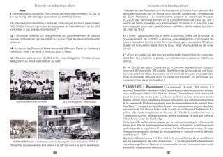 Mars
8 - Manifestation contre les Vietcong et les Nord-vietnamiens ( VC/VCN)
à Svay Rieng, afin d'exiger leur retrait du territoire khmer.
11- Première manifestation contre les Vietcong et les Nord-vietnamiens
(VC/NVC)à Phnom Penh. Les ambassades du NordVietnam et du GRP
sont mises à sac par les manifestants.*
12 - Sihanouk adresse un télégramme au gouvernement et désap-
prouve l'attitude de la population qui a «saccagé les deux ambassades
amies ».
14 - Le retour de Sihanouk étant annoncé à Phnom Penh, on l'attend à
l'aéroport, mais il se rend à Moscou, puis à Pékin.
16 - Réunion sans aucun résultat entre une délégation khmère et une
délégation du Nord-Vietnam et du GRP.
Nous devons défendre notre terre khmère Le Cambodge est indivisible
11-16/03/1970-Première manifestation contre les Vietcong et les Nord-vietnamiens (VC/VCN) à
Phnom Penh. Les ambassades du Nord-Vietnam et du GRP sont mises à sac par les manifestants.
- Deuxième manifestation anti-vietnamienne à Phnom Penh devant l'As-
semblée nationale qui est réunie pour étudier l'affaire de contrebande
de Oum Manorine. Les manifestants exigent le retrait des troupes
VC/VCN des territoires khmers et la condamnation de ceux qui ont «
vendu les terres khmères» aux Vietnamiens. En séance à huis-clos, cer-
tains députés avancent que Sihanouk doit être démis de ses fonctions
de chef de l'Etat.
16 - Avec l'approbation de la reine Kossamak, mère de Sihanouk, le
gouvernement de Lon Nol a envoyé une délégation, composée du
prince Norodom Kantol et de Yèm Sambaur, pour exposer à Sihanouk
quelle est la situation réelle dans le pays. Mais Sihanouk refuse de la re-
cevoir.
17 - Dans la soirée, Lon Nol annonce à la radio l'arrestation du comman-
dant Bou Hol, chef de la police municipale, connu pour sa fidélité au
prince.
18 - A 13 h 30, les deux Chambres du Parlement réunies à huis-clos pro-
noncent à l'unanimité (92 voix)la destitution de Sihanouk de ses fonc-
tions de chef de l'Etat. Il y a des va-et-vient de troupes et de blindés,
mais la nouvelle, diffusée dans la soirée par la radio, ne provoque au-
cune réaction de la population.*
____________________________________________________________________
* 18/03/1970 - Evénement : Le mercredi 18 mars 1970 arriva. A 9
heures, l’Assemblée nationale et le Conseil du royaume se réunirent de nou-
veau en Congrès, à huis-clos. Dehors, devant l’Assemblée et tout autour, rè-
gnait toujours un calme plat. Les hauts-parleurs étaient demeurés muets
depuis l’avant veille. Quelques groupes militaires, des parachutistes venus
de la caserne de Pochentong placés sous le commandement du colonel Séng
Sun Thay,** formant un bataillon faisait des mouvements un peu plus loin,
aux abords de Vat Botum Vadey et de la salle de conférence Chakdomuk. La
police, elle, était complètement absente. A 13 h 30, le parlement vota, à
l’unanimité 92 voix, la déposition du prince Sihanouk en tant que Chef de
l’Etat du royaume du Cambodge.
Cette nouvelle ne fut communiquée par la radio nationale qu’à 18 heures du
même jour. Elle ne souleva aucune indignation, ni émotion, ni attroupement
quelconque de la population. La jeunesse, les intellectuels et surtout le corps
enseignant pensaient surtout un soulargement et crurent vivre la Révolu-
tion française 1789.
Qui étaient les meneurs ? Ni Lon Nol, ni le prince Sirimatak ne semblaient
pas les instigateurs de cette destitution. Ce ne fut que les Parlementaires
eux mêmes qui furent l’auteur et responsables de cet évènement, sans avoir
mesuré la conséquence ultérieure.
La marche vers la République khmère La marche vers la République khmère
166 167
 