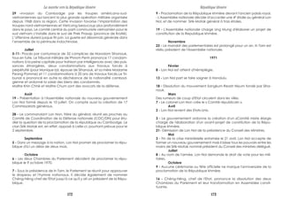 29 -invasion du Cambodge par les troupes américano-sud-
vietnamiennes qui lancent la plus grande opération militaire organisée
depuis 1968 dans la région. Cette invasion favorise l’implantation des
troupes nord-vietnamiennes et Vietcong beaucoup plus profondément
dans le pays. Le comité central du parti communiste vietnamien pour le
sud vietnam s’installe dans le sud de Prek Prasap (province de Kratié).
L’offensive durera jusque fin juin. La guerre est désormais générale dans
l’ensemble de la péninsule indochinoise.
Juillet
5-11- Procès par contumace de 32 complices de Norodom Sihanouk,
tous en fuite. Le Tribunal militaire de Phnom Penh prononce 17 condam-
nations à la peine capitale pour trahison par intelligences avec des puis-
sances étrangères, deux condamnations aux travaux forcés à
perpétuité (pour Monique Izzi, épouse de Sihanouk, et sa mère Madame
Peang Pomme) et 11 condamnations à 20 ans de travaux forcés.Le Tri-
bunal a prononcé en outre la déchéance de la nationalité cambod-
gienne et ordonné la saisie des biens des condamnés.
Maître Khin Chhè et Maître Chum sont des avocats de la défense.
Août
19 - Présentation à l'Assemblée nationale du nouveau gouvernement
Lon Nol formé depuis le 10 juillet. On compte aussi la création de 17
Commissariats généraux.
28 - Le commandant Lon Non, frère du général, réunit ses proches au
Comité de Coordination de la Défense nationale (COC/DN) pour étu-
dier la question de la proclamation de la république au Cambodge. Le
clan Sirik Matak est, en effet, opposé à celle-ci, pourtant prévue pour le
2 septembre.
Septembre
5 - Dans un message à la nation, Lon Nol promet de proclamer la répu-
blique d'ici un délai de deux mois.
Octobre
6 - Les deux Chambres du Parlement décident de proclamer la répu-
blique le 9 octobre 1970.
7 - Sous la présidence de ln Tam, le Parlement se réunit pour approuver
le drapeau et l'hymne nationaux. Il décide également de nommer
Chéng-Héng chef de l'Etat jusqu'à ce qu'il y ait un président de la Répu-
blique.
9 - Proclamation de la République khmère devant l'ancien palais royal.
- L'Assemblée nationale décide d'accorder une 4è
étoile au général Lon
Nol, et de nommer Sirik-Matak général à trois étoiles.
19 - L'Assemblée nationale charge Ung Mung d'élaborer un projet de
constitution de la Republique khmère.
Novembre
23 - Le mandat des parlementaires est prolongé pour un an. ln Tam est
réélu président de l'Assemblée nationale.
1971
Février
8 - Lon Nol est atteint d'hémiplégie.
13 - Lon Nol part se faire soigner à Honolulu.
18 - Dissolution du mouvement Sangkum Reastr Niyum fondé par Siha-
nouk.
Mars
Des rumeurs de coup d'Etat circulent dans les villes.
7 - Le colonel Lon Non crée le « Comité républicain ».
Avril
2 - Lon Nol revient des Etats-Unis.
3 - Le gouvernement ordonne la création d'un «Comité mixte élargi»
chargé de l'élaboration d'un avant-projet de constitution de la Répu-
blique khmère.
21- Démission de Lon Nol de la présidence du Conseil des Ministres.
Mai
3 - Fin de la crise ministérielle entamée le 21 avril. Lon Nol accepte de
former un nouveau gouvernement mais il laisse tous les pouvoirs entre les
mains de Sirik-Matak nommé président du Conseil des ministres délégué.
Juillet
8 - Au nom de l'armée, Lon Nol demande le droit de vote pour les mili-
taires.
Octobre
9 - Aucune cérémonie ou fête officielle ne marque l'anniversaire de la
proclamation de la République khmère.
16 - Chéng-Héng, chef de l'Etat, prononce la dissolution des deux
Chambres du Parlement et leur transformation en Assemblée consti-
tuante.
La marche vers la République khmère République khmère
172 173
 