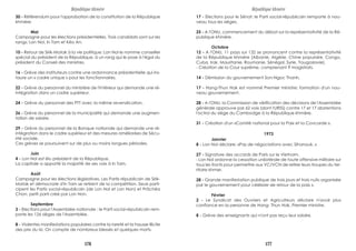30 - Référendum pour l'approbation de la constitution de la République
khmère.
Mai
Campagne pour les élections présidentielles. Trois candidats sont sur les
rangs: Lon Nol, ln Tam et Kéo An.
10 - Retour de Sirik-Matak à la vie politique: Lon Nol le nomme conseiller
spécial du président de la République, à un rang qui le pose à l'égal du
président du Conseil des ministres.
16 - Grève des instituteurs contre une ordonnance présidentielle qui ins-
taure un « cadre unique » pour les fonctionnaires.
22 - Grève du personnel du ministère de l'Intérieur qui demande une ré-
intégration dans un cadre supérieur.
24 - Grève du personnel des PTT avec la même revendication.
26 - Grève du personnel de la municipalité qui demande une augmen-
tation de salaire.
29 - Grève du personnel de la Banque nationale qui demande une ré-
intégration dans le cadre supérieur et des mesures améliorées de Sécu-
rité sociale.
Ces grèves se poursuivent sur de plus ou moins longues périodes.
Juin
4 - Lon Nol est élu président de la République.
La capitale a apporté la majorité de ses voix à ln Tam.
Août
Campagne pour les élections législatives. Les Partis républicain de Sirik-
Matak et démocrate d'ln Tam se retirent de la compétition. Seuls parti-
cipent les Partis social-républicain (de Lon Nol et Lon Non) et Prâchéa
Chon, petit parti créé par Lon Non.
Septembre
3 - Elections pour l'Assemblée nationale : le Parti social-républicain rem-
porte les 126 sièges de l'Assemblée.
8 - Violentes manifestations populaires contre la rareté et la hausse illicite
des prix du riz. On compte de nombreux blessés et quelques morts.
17 - Elections pour le Sénat: le Parti social-républicain remporte à nou-
veau tous les sièges.
25 - A l'ONU, commencement du débat sur la représentativité de la Ré-
publique khmère.
Octobre
12 - A l'ONU, 11 pays sur 132 se prononcent contre la représentativité
de la République khmère (Albanie, Algérie, Chine populaire, Congo,
Cuba, Irak, Mauritanie, Roumanie, Sénégal, Syrie, Yougoslavie).
- Création de la Cour suprême, comprenant 9 magistrats.
14 - Démission du gouvernement Son-Ngoc Thanh.
17 - Hang-Thun Hak est nommé Premier ministre: formation d'un nou-
veau gouvernement.
28 - A l'ONU, la Commission de vérification des décisions de l'Assemblée
générale approuve par 62 voix (dont l'URSS) contre 17 et 17 abstentions
l'octroi du siège du Cambodge à la République khmère.
31 - Création d'un «Comité national pour la Paix et la Concorde ».
1973
Janvier
8 - Lon Nol déclare: «Pas de négociations avec Sihanouk. »
27 - Signature des accords de Paris sur le Vietnam.
- Lon Nol ordonne la cessation unilatérale de toute offensive militaire sur
tous les fronts pour permettre aux VC/VCN de retirer leurs troupes du ter-
ritoire khmer.
28 - Grande manifestation publique de trois jours et trois nuits organisée
par le gouvernement pour célébrer «le retour de la paix ».
Février
2 - Le Syndicat des Ouvriers et Agriculteurs déclare n'avoir plus
confiance en la personne de Hang- Thun Hak, Premier ministre.
8 - Grève des enseignants qui n'ont pas reçu leur salaire.
République khmère République khmère
176 177
 