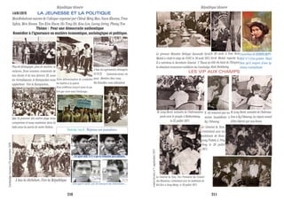 14/8/1970 LA JEUNESSE ET LA POLITIQUE
Manifestations suivies de Colloque organisé par Chhuk Méng Mao, Nuon Khoeun, Tran
Nghia, Men Hoeun, Tan Kim Huon, Ho Tong Ho, Kau Lon, Luong Sréng, Phung Ton.
Thème : Pour une démocratie authentique
Remédier à l’ignorance en matière économique, sociologique et politique.
Plus de démagogie...plus de maîtres, ni
esclaves...Nous sommes conscients de
nos droits et de nos devoirs. Et, nous
les revendiquons...le Kampuchea nous
appartient . Vive le Kampuchea...
Notre détermination de combattre
les traîtres à la patrie.
Nous préférons mourir pour la pa-
trie que vivre sous l’esclavage...
A bas les agresseurs étrangers
VC/VCN. Laissons-nous en
paix. Rentrez chez vous,
Vos familles vous attendent.
A bas la dictature...Vive la République
Que la jeunesse des autres pays nous
comprenne et nous soutienne dans la
lutte pour la survie de notre Nation.
Youtube ina.fr : Réponse aux journalistes
...Une guerre sainte, pas de massacre des Vietnamiens...
“...Cet après midi, il n’y a que la formation para-militaire...”
Cambodgenouveaun°5septembre1970
KHMERREPUBLICn°1septembre1971
Le premier Ministre Délégué Sisowath Sirik
Matak a visité le siège de l’ONU le 16 août 1971.
Il a entretenu le Secrétaire Général U Thant de
la situation économico-militaire du Cambodge.
Le Général In Tam, Vice Président du Conseil
des Ministres, s’entretient avec les habitants de
Kol Kor, à Svay Rieng le 30 juillet 1971.
M. Long Boret, ministre de l’Informa-
tion à Kg.Chhnang. La région venait
d’être libérée par nos forces.
Il est remercié par un
moine bouddhiste à
Kg .Chhnang.
Le Général In Tam,
s’entretient avec les
habitants de Kom-
pong Trabèk, à Prey
Vèng le 28 juillet
1971 .
le 20 août, à New York
Sirik Matak regarde la
ville du haut de l’Empire
State Builduing.
Couverture de KHMER REPU-
BLIC n°1 d’un peintre Nhiek
Dim qu’il inspire d’une ly-
céenne combattante
Kunwich
S.Sakhan
U Thant
LES VIP AUX CHAMPS
M. Long Boret, ministre de l’Information
parle avec le peuple à Battambang,
le 25 juillet 1971.
République khmère République khmère
210 211
 