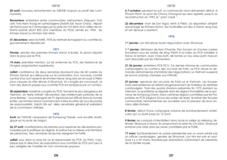 20 août: nouveau remaniement du GRUNK toujours au profit des com-
munistes.
Novembre: entretiens entre communistes vietnamiens (Nguyen Van
Linh, Tran Nam Trung) et cambodgiens (Saloth Sâr, Nuon Chea) ; départ
de Hanoi pour le Cambodge par la piste Ho Chi Minh d'un millier de mi-
litants Issarak (dont 822 sont membres du PCK) arrivés en 1954 : les
Khmers Hanoï ou Khmers Viet Minh.
31 décembre: selon le FUNK, 70 % du territoire échappent au contrôle du
gouvernement républicain.
1971
Février: arrivée des premiers Khmers Hanoi à Kratie. Ils seront répartis
dans le pays par le PCK.
19 mars: première mention, sur les antennes du PCK, de l'existence de
l'Angkar (organisation supérieure).
Juillet: conférence de deux semaines réunissant plus de 60 cadres du
Phnom Santuk qui débouche sur la nomination d'un nouveau comité
central d'où sont absents les Khmers Hanoi. Ieng Sary est envoyé à Pékin
pour s'assurer du rôle dévolu à Sihanouk. Un congrès est convoqué. Le
nom des districts passés sous contrôle PCK est remplacé par un numéro.
30 septembre: troisième congrès du PCK: l'ennemi le plus dangereux est
Vietnam. Un texte intitulé "déclaration des intellectuels patriotes de la
zone libérée ". accompagné de 91 signatures est diffusé dans le monde
entier. Les Khmers Hanoï commencent à être écartés de tous les postes
de responsabilité. Saloth Sâr est réélu secrétaire général et président
de la commission militaire.
1972
Avril: les FAPLNK s'emparent de Kompong Trabek, une localité straté-
gique sur la route de Saigon.
26-27 avril: manifestations étudiantes pour exprimer les déceptions pro-
voquées par la politique du régime, la police tue ou blesse une trentaine
de personnes. Des centaines de jeunes rejoignent le FUNK.
Juillet: sauf dans la zone Est où le responsable du PCK, So Phim, n'ap-
plique pas la directive, les populations sous contrôle du PCK sont peu à
peu obligées de s'habiller en noir comme les paysans.
6-7 octobre: pendant la nuit, un commando nord-vietnamien détruit, à
Phnom Penh, le pont de Chrouy Changvar qui sera appelé, jusqu'à sa
reconstruction en 1993, le " pont cassé ".
22 décembre: mort de Son Ngoc Minh à Pékin. Sa disparition affaiblit
davantage les Khmers-Hanoi. Ses funérailles ont lieu à Hanoi. leng Sary
et son épouse y assistent.
1973
1 er
janvier: Lon Nol refuse toute négociation avec Sihanouk.
1 er
janvier: démission de Keo Chanda, Pen Sovann et d'autres cadres
travaillant sous les ordres de leng Thirith à la radio du PCK installée à
Hanoi. Ils tentent, avec Chea Soth, de former un nou veau parti, mais en
sont dissuadés par les Vietnamiens.
21-26 janvier: entretiens PCK-PCV. Ce dernier informe les communistes
cambodgiens du contenu des accords de Paris. Le PCK refuse la de-
mande vietnamienne d'entamer des négociations. Le Vietnam suspend
les envois d'armes chinoises aux FAPLNK.
27 janvier: signature des accords de Paris sur le Vietnam. Les troupes
nord-vietnamiennes se retirent progressivement de l'intérieur du territoire
cambodgien. Trois des quatre divisions présentes fin 1972 rentrent au
Vietnam, la quatrième se déploie dans les régions frontalières de la pro-
vince de Kompong Cham. Dans certaines régions contrôlées par les Pol-
potistes du PCK (régions 25 sous les ordres de Mok), le retrait des troupes
communistes vietnamiennes est accéléré sous la pression de leurs an-
ciens alliés Khmers.
8 février: début d'une campagne massive de bombardements améri-
cains qui va durer jusqu'au 15 août.
9 février: les combats s'intentisifient dans toute la vallée du Mékong. Mi-
février: Sihanouk à Hanoi. En empruntant la piste Ho Chi Minh, Sihanouk
entame une visite dans les zones contrôlées par le FUNK.
17 mars: bombardement du palais présidentiel par un avion piloté par
un officie cambodgien, gendre de Sihanouk. Lon Nol est sain et sauf,
mais il y a 47 morts. Nombreuses arrestations notamment de membres
de la famille royale.
GRUNK GRUNK
226 227
 
