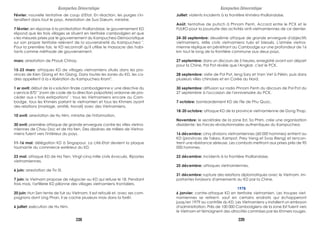 Février: nouvelle tentative de coup d'Etat. En réaction, les purges s'in-
tensifient dans tout le pays. Arrestation de Sua Dœum, ministre.
7 février: en réponse à la protestation thaïlandaise, le gouvernement KD
répond que les trois villages se situent en territoire cambodgien et que
« les mesures prises par le gouvernement du Kampuchea Démocratique
sur son propre territoire relèvent de la souveraineté du Kampuchea ".
Pour la première fois, le KD reconnaît qu'il utilise le massacre des habi-
tants comme méthode de gouvernement.
mars: arrestation de Phouk Chhay.
15-23 mars: attaques KD de villages vietnamiens situés dans les pro-
vinces de Kien Giang et An Giang. Dans toutes les zones du KD, les ca-
dres appellent à la « libération du Kampuchea Krom".
1 er avril: début de la « solution finale cambodgienne »: une directive du
« service 870 " (nom de code de la direction polpotiste) ordonne de pro-
céder aux « trois extirpations" : tous les Vietnamiens encore au Cam-
bodge, tous les Khmers parlant le vietnamien et tous les Khmers ayant
des relations (mariage, amitié, travail) avec des Vietnamiens.
10 avril: arrestation de Hu Nim, ministre de l'information.
30 avril: première attaque de grande envergure contre les villes vietna-
miennes de Chau Doc et de Ha tien. Des dizaines de milliers de Vietna-
miens fuient vers l'intérieur du pays.
11-16 mai: délégation KD à Singapour. La cité-Etat devient la plaque
tournante du commerce extérieur du KD.
23 mai: attaque KD de Ha Tien. Vingt-cinq mille civils évacués. Ripostes
vietnamiennes.
6 juin: arrestation de Tiv 0l.
7 juin: le Vietnam propose de négocier au KD qui refuse le 18. Pendant
trois mois, l'artillerie KD pillonne des villages vietnamiens frontaliers.
20 juin: Hun Sen tente de fuir au Vietnam. Il est refoulé et, avec ses com-
pagnons dont Ung Phan, il se cache plusieurs mois dans la forêt.
6 juillet: exécution de Hu Nim.
Juillet: violents incidents à la frontière khméro-thaïlandaise.
Août: tentative de putsch à Phnom Penh. Accord entre le PCK et le
FULRO pour la poursuite des activités anti-vietnamiennes de ce dernier.
24-30 septembre: deuxième attaque de grande envergure d'objectifs
vietnamiens. Mille civils vietnamiens tués et blessés. L'armée vietna-
mienne réplique en pénétrant au Cambodge sur une profondeur de 16
km tout le long de la frontière commune aux deux pays.
27 septembre: dans un discours de 5 heures, enregistré avant son départ
pour la Chine, Pol Pot révèle que l'Angkar, c'est le PCK.
28 septembre: visite de Pol Pot, leng Sary et Vorn Vet à Pékin, puis dans
plusieurs villes chinoises et en Corée du Nord.
30 septembre: diffusion sur radio Phnom Penh du discours de Pol Pot du
27 septembre à l'occasion de l'anniversaire du PCK.
7 octobre: bombardement KD de l'île de Phu Quoc.
18-20 octobre: attaque KD de la province vietnamienne de Dong Thap.
Novembre: le secrétaire de la zone Est, So Phim, crée une organisation
dissidente: les Forces révolutionnaires authentiques du Kampuchea.
16 décembre: cinq divisions vietnamiennes (60 000 hommes) entrent au
KD (provinces de Takeo, Kampot, Prey Veng et Svay Rieng) et rencon-
trent une résistance sérieuse. Les combats mettront aux prises près de 90
000 hommes.
22 décembre: incidents à la frontière thaïlandaise.
25 décembre: attaques vietnamiennes.
31 décembre: rupture des relations diplomatiques avec le Vietnam. Im-
portantes livraisons d'armements au KD par la Chine.
1978
6 janvier: contre-attaque KD en territoire vietnamien. Les troupes viet-
namiennes se retirent, sauf en certains endroits qui échapperont
jusqu'en 1979 au contrôle du KD. Les Vietnamiens y installent un embryon
d'administration. Près de 100 000 Cambodgiens de la zone Est fuient vers
le Vietnam et témoignent des atrocités commises par les Khmers rouges.
Kampuchea Démocratique Kampuchea Démocratique
238 239
 
