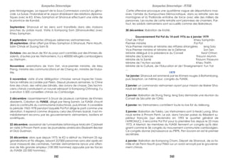 pres témoignages. Le rapport de la Sous-Commission conclut au géno-
cide. La Suisse, l'Indonésie et le Japon établissent des relations diploma-
tiques avec le KD. Khieu Samphan et Sihanouk effectuent une visite de
la province de Kandal.
Septembre: Sihanouk et les siens sont transférés dans des maisons
proches du palais royal. Visite à Kompong Som (Sihanoukville) avec
Khieu Samphan.
8 septembre: importantes attaques aériennes vietnamiennes.
28 septembre: dîner offert par Khieu Samphan à Sihanouk, Penn Nouth,
Sarin Chhak et Duong Sam 0l.
Octobre: des secteurs de l'Est du pays sont contrôlés par des Khmers dis-
sidents, d'autres par les Vietnamiens. Il y a 400000 réfugiés cambodgiens
au Vietnam .
Novembre: arrestations de Vorn Vet, vice-premier ministre, de Mey
Preng, ministre des communications et de Cheng An, ministre de l'indus-
trie.
5 novembre: visite d'une délégation chinoise venue inspecter l'assis-
tance militaire accordée par Pékin. Depuis plusieurs semaines, la Chine
livre des chars, des véhicules blindés, des avions de chasse. Des techni-
ciens chinois construisent un nouvel aéroport à Kompong Chhnang. Il y
a environ 5 000 conseillers chinois au Cambodge.
2 décembre: rassemblement à Snuol de plusieurs centaines de Khmers
dissidents. Création du FUNSK, dirigé par Heng Samrin. Le FUNSK s'inscrit
dans la continuité du communisme indochinois, puis khmer. Il considère
la période 1963-1978 pendant laquelle Pol Pot dirige le parti comme une
déviation. Il reprend comme drapeau celui des Khmers Issarak. Il est im-
médiatement reconnu par les gouvernements vietnamiens, laotiens et
soviétiques.
22 décembre: assassinat de l'universitaire britannique Malcolm Caldwell
en visite à Phnom Penh avec les journalistes américains Elisabeth Becker
et Dick Dudman.
25 décembre: alors que depuis 1975, le KD a détruit au Vietnam 25 ag-
glomérations et 96 villages, laissant 257000 personnes sans abri après en
avoir massacré des centaines, l'armée vietnamienne lance une offen-
sive de très grande ampleur (100 000 hommes) appuyée par les forces
du FUNSK (20 000 hommes)..
Cette offensive provoque une quatrième vague de déportations mas-
sives: l'armée du Kampuchea Démocratique, dans sa retraite vers les
montagnes et la Thaïlande entraîne de force avec elle des milliers de
personnes. Les routes de cette retraite sont jalonnées de charniers. Par-
tout, les soldats vietnamiens sont accueillis comme des libérateurs.
30 décembre: libération de Kratié.
Gouvernement Pol Pot du 14 avril 1976 au 6 janvier 1979
Chef de l’Etat Khieu Samphân
Premier ministre Pol Pot
Vice-Premier ministre et Ministre des Affaires étrangères Ieng Sary
Vice-Premier ministre et Ministre de la Défense Son Sen
Ministre délégué à la présidence du Conseil Keat Chhon
Ministre des Sciences Thiounn Mumm
Ministre de la Santé Thiounn Thioeunn
Ministre de l’Action sociale Khieu Thirith
Ministre de la Culture, de l’Education et de l’Enseignement Yun Yat
...
1979
1er janvier: Sihanouk est emmené par les Khmers rouges à Battambang,
puis Sisophon. Le même jour, congrès du FUNSK.
2 janvier: un commando vietnamien ayant pour mission de libérer Siha-
nouk est décimé.
3 janvier: libération de Stung Treng. leng Sary demande une réunion du
Conseil de Sécurité de l'ONU.
4 janvier: les Vietnamiens contrôlent toute la rive Est du Mékong.
5 janvier: libération de Takéo. Les Vietnamiens sont à Neak Luong. Siha-
nouk rentre à Phnom Penh. Le soir, dans l'ancien palais du Résident su-
périeur français (qui deviendra en 1993 le quartier général de
l'APRONUC), il rencontre Pol Pot pour la première fois depuis le 23 mars
1973. A Memot, les membres du FUNSK tiennent un congrès qu'ils dési-
gnent comme le 3è congrès du mouvement communiste cambodgien.
Ce congrès donne (re)naissance au PRPK. Pen Sovann en est le premier
secrétaire.
6 janvier: libération de Kompong Cham. Départ de Sihanouk, de sa fa-
mille et de Penn Nouth pour Pékin sur un avion envoyé par le gouverne-
ment chinois.
Kampuchea Démocratique Kampuchea Démocratique - FUNSK
242 243
 