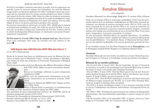 Pol Pot et ses fidèles s'enfuient alors dans la jungle, d'où ils organisent une
guérilla contre le nouveau régime pro-vietnamien. Le chef des Khmers
rouges quitte ses fonctions militaires en 1985. Condamné à mort par contu-
mace par les autorités pour les crimes commis pendant son règne, il dispa-
raît jusqu’à la fin des années 1990. Selon les dires de plusieurs personnes,
il aurait coulé des jours paisibles bien loin de la jungle cambodgienne, dans
une résidence luxueuse en Thaïlande. Il se serait, par ailleurs, livré au trafic
illégal de bois et de pierres précieuses pendant cette période.
Ses anciens camarades le retrouvent, en juillet 1997, affaibli par la malaria
et d'importants problèmes de santé. Sur ordre de son rival Ta Mok, il est ar-
rêté par ses propres troupes pour l'assassinat de Son Sen, l'ancien chef de
la sûreté du Kampuchéa Démocratique, et condamné à une peine d'empri-
sonnement à perpétuité.
Pol Pot meurt le 15 avril 1998 à l’âge de soixante-neuf ans, officiellement
d'une crise cardiaque. Son corps est incinéré avec des ordures et des
pneus.
LONG Bunruot alias LONG Rith alias NUON CHEA alias Frère n° 2
né en 1927 à Battambang.
Etude de la langue thaï dans un établissement pour les Khmers des pro-
vinces occupées par la Thaïlande (1941) ; études secondaires à Bangkok,
puis études de droit non terminées à l'Université Thammasat à Bangkok
(1941-1948).
Fonctionnaire à temps partiel au Ministère des Affaires Etrangères à Bang-
kok (1945-1948). Adhère au parti communiste thaïlan-
dais.
Retour au Cambodge, adhésion au parti communiste
indochinois (1949).
Milite avec les communistes vietnamiens et les élé-
ments communistes du mouvement Issarak (1949-
1952).
Participe à la création du PRPK (1951). Stages au Viet-
nam (1952-1954).
Milite à Phnom Penh et participe à la transformation
du PRPK en PTK. Secrétaire Général Adjoint du PTK (1962).
Vice-président du haut commandement militaire des FAPLNK, chef de la
direction politiquede l'armée (1970-1975).
Président de l'Assemblée du Kampuchea Démocratique (1976-1979).
Premier ministre du KD du 25 sept. au 15 oct. 1976.
Numéro 2 de la PKD.N°1 est Pol Pot, mort en 1998.
Norodom Sihanouk
avec wikipédia
Norodom Sihanouk (en khmer:p(n)yYm :é=pÙ),né le 31 octobre 1922 à Phnom
Penh, est un homme d'État et monarque cambodgien. Il fut l'une des prin-
cipales figures de la vie politique cambodgienne au XXè siècle, exerçant no-
tamment une période de pouvoir personnel entre 1953 et 1970, sous les
titres successifs de roi, puis de chef de l'État à vie, avant de redevenir roi
en 1993. Il fut également à plusieurs reprises premier ministre, cumulant
parfois cette charge avec ses fonctions de roi ou de chef de l'État. Il est aussi
poète, compositeur, romancier, journaliste et cinéaste.
Le nom dynastique Norodom dérive du sanskrit Narottama : "le meilleur
(uttama) des hommes (nara)", épithète de Vishnu. Le prénom Sihanouk est
issu du pâli Sihahanu : "à la mâchoire (hanu, cf. Hanuman) de lion (siha)",
qui est une épithète du Bouddha et le nom du grand-père paternel de celui-
ci.
Il est considéré comme l'un des Pères fondateurs de la Francophonie, avec
le Sénégalais Léopold Sedar Senghor et le Nigérien Hamani Diori.
Jeunesse
Norodom Sihanouk suit des études secondaires au Lycée Chasseloup Lau-
bat de Saïgon au Vietnam, le Cambodge n'ayant pas d'écoles secondaires.
Résumé de sa carrière politique
•Du 24 avril 1941 à 3 mars 1955 : Roi du Cambodge, élu par le Conseil de
la couronne, il succéde à son grand père le roi Sisowath Monivong, et cèdera
lui-même le trône à son propre père Norodom Suramarit.
•D'avril 1960 à 18 mars 1970 : Chef de l'État (sans le titre de roi). Il est lui-
même destitué du pouvoir de chef de l’Etat, durant son absence, par un par-
lement. Il fonda à Pékin, un gouvernement en exil.
•En avril 1975 : Chef de l'État symbolique, le pouvoir réel étant exercé par
les Khmers rouges emmenés par Pol Pot. Le 4 avril 1976, Norodom Siha-
nouk est assigné à résidence dans son palais.
•En 1979, à la chute des Khmers rouges, il est à nouveau contraint à l'exil
et crée la Confédération des Khmers nationalistes à Pyongyang (Corée du
Nord).
•De 1982 à 1989 : Président du gouvernement de coalition du Kampuchea
démocratique, rôle essentiellement honorifique, le prince restant en exil à
Pékin.
•Du 20 novembre 1991 au 24 septembre 1993 : le prince, revenu au Cam-
bodge le 14 novembre 1991, fut à nouveau chef de l'État.
Saloth Sar alias Pol Pot - Nuon Chea Norodom Sihanouk
258 259
 