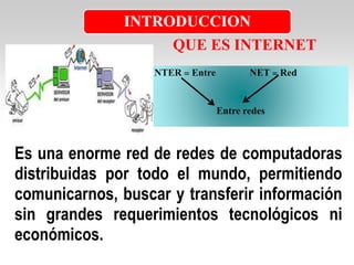 INTER = Entre NET = Red
Entre redes
Es una enorme red de redes de computadoras
distribuidas por todo el mundo, permitiendo
comunicarnos, buscar y transferir información
sin grandes requerimientos tecnológicos ni
económicos.
QUE ES INTERNET
INTRODUCCION
 
