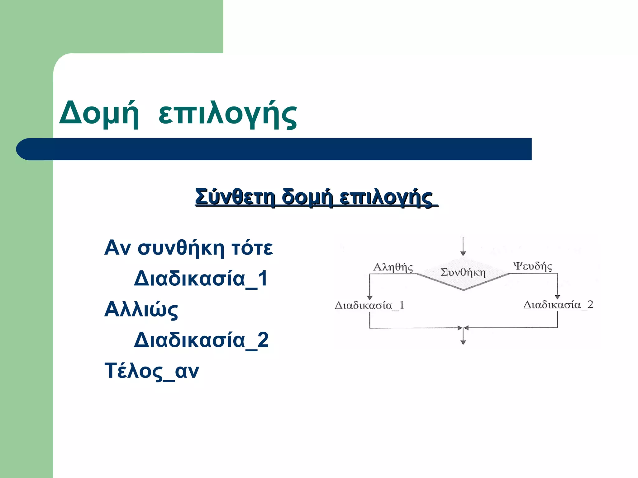 Δομή επιλογής
Αν συνθήκη τότε
Διαδικασία_1
Αλλιώς
Διαδικασία_2
Τέλος_αν
Σύνθετη δομή επιλογήςΣύνθετη δομή επιλογής
 