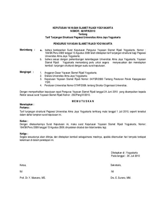 2 Tarif Tunjangan Strktural Pegw Uajy Sk Ysr No 82 Hp K 2010