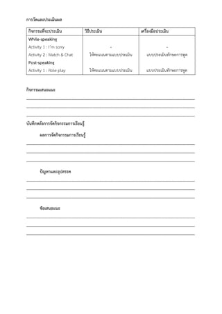 การวัดและประเมินผล
กิจกรรมที่จะประเมิน วิธีประเมิน เครื่องมือประเมิน
While-speaking
Activity 1 : I’m sorry
Activity 2 : Match & Chat
Post-speaking
Activity 1 : Role play
-
ให้คะแนนตามแบบประเมิน
ให้คะแนนตามแบบประเมิน
-
แบบประเมินทักษะการพูด
แบบประเมินทักษะการพูด
กิจกรรมเสนอแนะ
……………………………………………………………………………………………………………………………………………………
……………………………………………………………………………………………………………………………………………………
……………………………………………………………………………………………………………………………………………………
บันทึกหลังการจัดกิจกรรมการเรียนรู้
ผลการจัดกิจกรรมการเรียนรู้
……………………………………………………………………………………………………………………………………………………
……………………………………………………………………………………………………………………………………………………
……………………………………………………………………………………………………………………………………………………
ปัญหาและอุปสรรค
……………………………………………………………………………………………………………………………………………………
……………………………………………………………………………………………………………………………………………………
……………………………………………………………………………………………………………………………………………………
ข้อเสนอแนะ
……………………………………………………………………………………………………………………………………………………
……………………………………………………………………………………………………………………………………………………
……………………………………………………………………………………………………………………………………………………
 