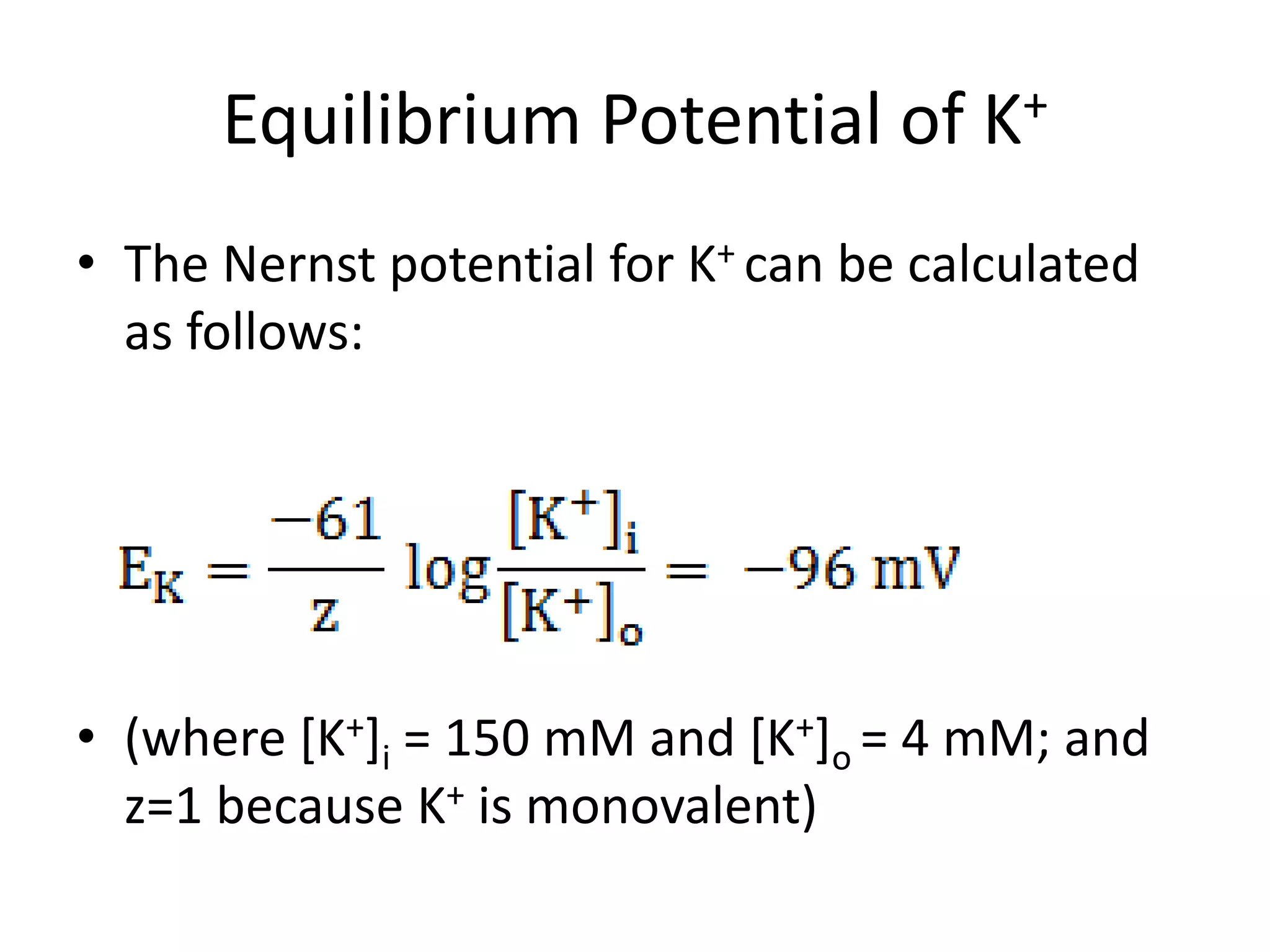 • The Nernst potential for K+ can be calculated
as follows:
• (where [K+]i = 150 mM and [K+]o = 4 mM; and
z=1 because K+ is monovalent)
Equilibrium Potential of K+
 