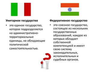 Унитарное государство
• это единое государство,
которое подразделяется
на административно-
территориальные
единицы, не обладающие
политической
самостоятельностью.
Федеративное государство
• это союзное государство,
состоящее из нескольких
государственных
образований, каждое из
которых обладает
собственной
компетенцией и имеет
свою систему
законодательных,
исполнительных и
судебных органов.
 