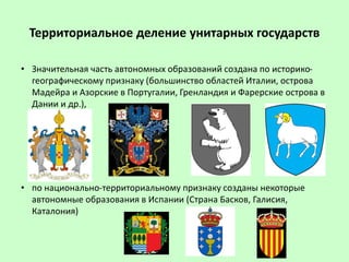 Территориальное деление унитарных государств
• Значительная часть автономных образований создана по историко-
географическому признаку (большинство областей Италии, острова
Мадейра и Азорские в Португалии, Гренландия и Фарерские острова в
Дании и др.),
• по национально-территориальному признаку созданы некоторые
автономные образования в Испании (Страна Басков, Галисия,
Каталония)
 