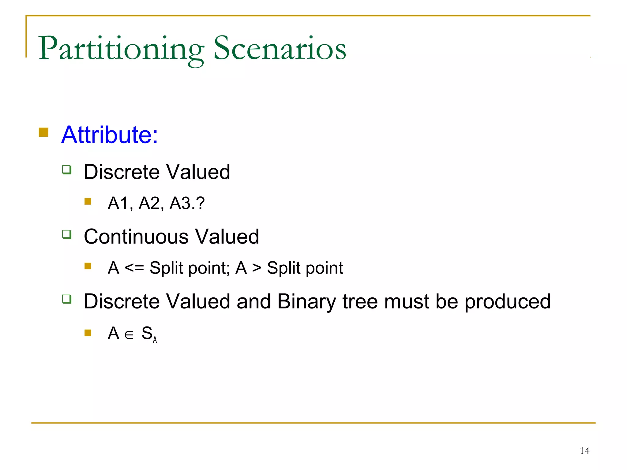 14
Partitioning Scenarios
 Attribute:
 Discrete Valued
 A1, A2, A3.?
 Continuous Valued
 A <= Split point; A > Split point
 Discrete Valued and Binary tree must be produced
 A ∈ SA
 