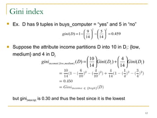 12
Gini index
 Ex. D has 9 tuples in buys_computer = “yes” and 5 in “no”
 Suppose the attribute income partitions D into 10 in D1: {low,
medium} and 4 in D2
but gini{medium,high} is 0.30 and thus the best since it is the lowest
459.0
14
5
14
9
1)(
22
=





−





−=Dgini
)(
14
4
)(
14
10
)( 11},{ DGiniDGiniDgini mediumlowincome 





+





=∈
 