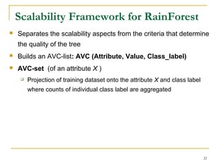 22
Scalability Framework for RainForest
 Separates the scalability aspects from the criteria that determine
the quality of the tree
 Builds an AVC-list: AVC (Attribute, Value, Class_label)
 AVC-set (of an attribute X )
 Projection of training dataset onto the attribute X and class label
where counts of individual class label are aggregated
 