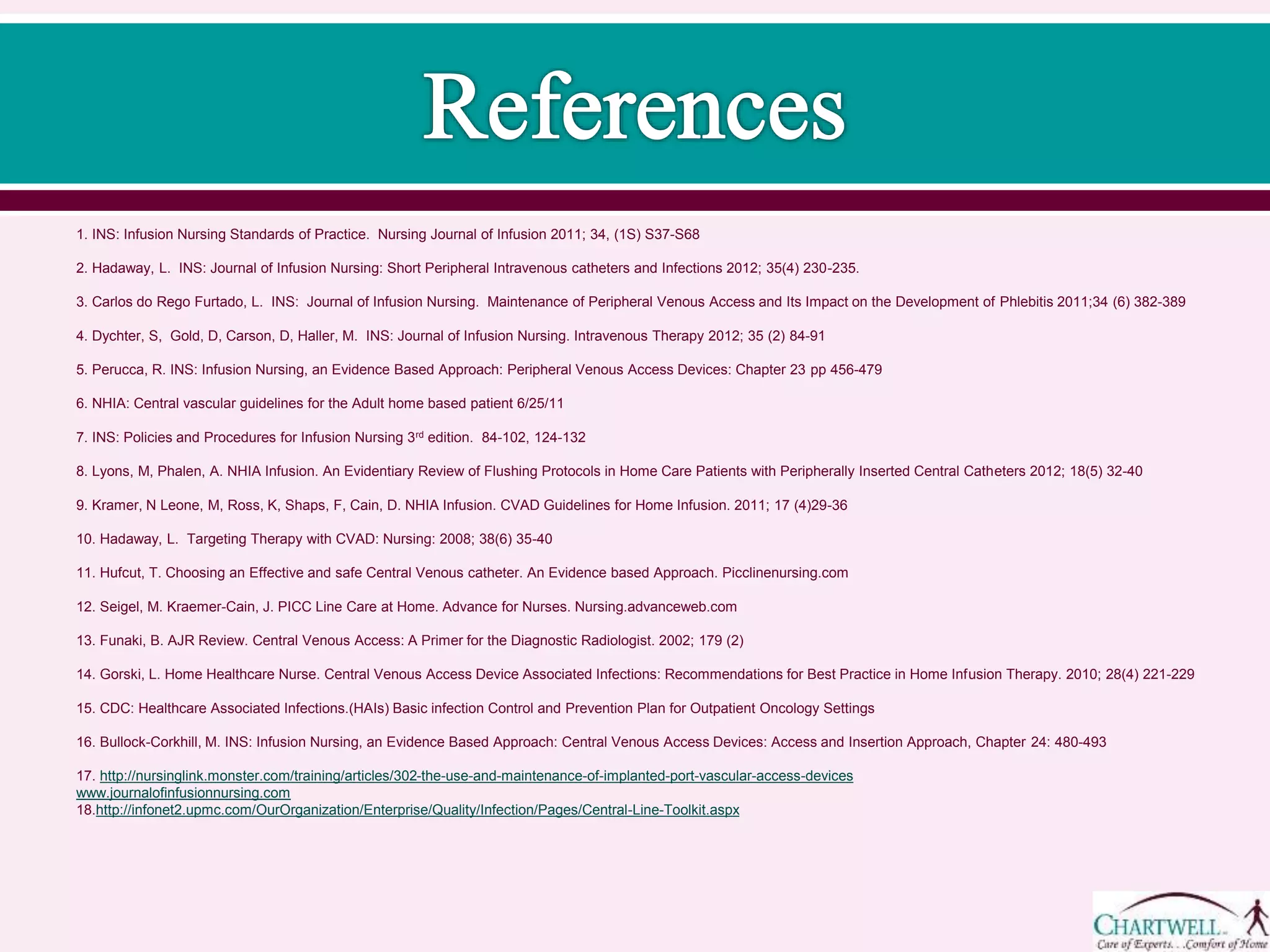 1. INS: Infusion Nursing Standards of Practice. Nursing Journal of Infusion 2011; 34, (1S) S37-S68
2. Hadaway, L. INS: Journal of Infusion Nursing: Short Peripheral Intravenous catheters and Infections 2012; 35(4) 230-235.
3. Carlos do Rego Furtado, L. INS: Journal of Infusion Nursing. Maintenance of Peripheral Venous Access and Its Impact on the Development of Phlebitis 2011;34 (6) 382-389
4. Dychter, S, Gold, D, Carson, D, Haller, M. INS: Journal of Infusion Nursing. Intravenous Therapy 2012; 35 (2) 84-91
5. Perucca, R. INS: Infusion Nursing, an Evidence Based Approach: Peripheral Venous Access Devices: Chapter 23 pp 456-479
6. NHIA: Central vascular guidelines for the Adult home based patient 6/25/11
7. INS: Policies and Procedures for Infusion Nursing 3rd edition. 84-102, 124-132
8. Lyons, M, Phalen, A. NHIA Infusion. An Evidentiary Review of Flushing Protocols in Home Care Patients with Peripherally Inserted Central Catheters 2012; 18(5) 32-40
9. Kramer, N Leone, M, Ross, K, Shaps, F, Cain, D. NHIA Infusion. CVAD Guidelines for Home Infusion. 2011; 17 (4)29-36
10. Hadaway, L. Targeting Therapy with CVAD: Nursing: 2008; 38(6) 35-40
11. Hufcut, T. Choosing an Effective and safe Central Venous catheter. An Evidence based Approach. Picclinenursing.com
12. Seigel, M. Kraemer-Cain, J. PICC Line Care at Home. Advance for Nurses. Nursing.advanceweb.com
13. Funaki, B. AJR Review. Central Venous Access: A Primer for the Diagnostic Radiologist. 2002; 179 (2)
14. Gorski, L. Home Healthcare Nurse. Central Venous Access Device Associated Infections: Recommendations for Best Practice in Home Infusion Therapy. 2010; 28(4) 221-229
15. CDC: Healthcare Associated Infections.(HAIs) Basic infection Control and Prevention Plan for Outpatient Oncology Settings
16. Bullock-Corkhill, M. INS: Infusion Nursing, an Evidence Based Approach: Central Venous Access Devices: Access and Insertion Approach, Chapter 24: 480-493
17. http://nursinglink.monster.com/training/articles/302-the-use-and-maintenance-of-implanted-port-vascular-access-devices
www.journalofinfusionnursing.com
18.http://infonet2.upmc.com/OurOrganization/Enterprise/Quality/Infection/Pages/Central-Line-Toolkit.aspx
 