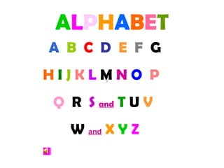 ALPHABET
A B C D E F G
H I J K L M N O P
Q R S and T U V
W and X Y Z
 