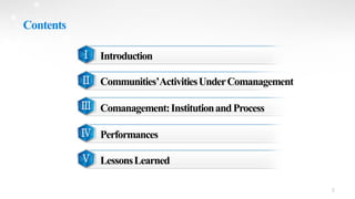 Introduction
Communities’ActivitiesUnderComanagement
Comanagement:InstitutionandProcess
Performances
LessonsLearned
Ⅰ
Ⅱ
Ⅲ
...