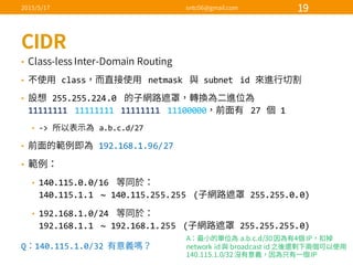 •
• class netmask subnet   id  
• 255.255.224.0  
11111111 11111111 11111111 11100000 27   1
• -­‐>   a.b.c.d/27
• 192.168.1.96/27
•
• 140.115.0.0/16  
140.115.1.1   ~  140.115.255.255   ( 255.255.0.0)
• 192.168.1.0/24  
192.168.1.1   ~  192.168.1.255   ( 255.255.255.0)
Q 140.115.1.0/32  
 