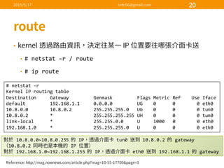 •
• #  netstat –r / route
• #  ip route
#  netstat -­‐r
Kernel  IP  routing  table
Destination          Gateway                  Genmask Flags  Metric  Ref        Use  Iface
default                  192.168.1.1          0.0.0.0                  UG        0            0                0  eth0
10.8.0.0                10.8.0.2                255.255.255.0      UG        0            0                0  tun0
10.8.0.2                *                              255.255.255.255  UH        0            0                0  tun0
link-­‐local            *                              255.255.0.0          U          1000      0                0  eth0
192.168.1.0          *                              255.255.255.0      U          0            0                0  eth0
10.8.0.0~10.8.0.255   IP tun0   10.8.0.2   gateway
10.8.0.2   IP  
192.168.1.0~192.168.1.255   IP eth0   192.168.1.1   gateway
 