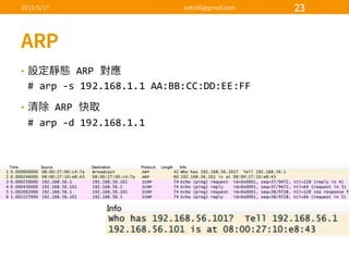 • ARP  
#  arp -­‐s  192.168.1.1  AA:BB:CC:DD:EE:FF
• ARP  
# arp -­‐d  192.168.1.1
 