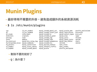 •
• $  ls  /etc/munin/plugins
•
• Q
cpu if_err_enp0s3                mysql_innodb_bpool_act mysql_qcache_mem postfix_mailvolume
df if_err_enp0s8                mysql_innodb_insert_buf mysql_replication processes
df_inode interrupts                      mysql_innodb_io mysql_select_types proc_pri
diskstats irqstats mysql_innodb_io_pend mysql_slow swap
entropy                          load                                  mysql_innodb_log mysql_sorts threads
forks                              memory                              mysql_innodb_rows mysql_table_locks uptime
fw_conntrack mysql_bin_relay_log mysql_innodb_semaphores mysql_tmp_tables users
fw_forwarded_local mysql_commands mysql_innodb_tnx netstat vmstat
fw_packets mysql_connections mysql_myisam_indexes open_files
if_enp0s3                      mysql_files_tables mysql_network_traffic open_inodes
if_enp0s8                      mysql_innodb_bpool mysql_qcache postfix_mailqueue
 