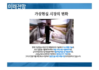가상현실 시장의 변화
현재가상현실시장은1인체험위주의기술에서다수다수다수다수체험체험체험체험기술기술기술기술로,
연구검증용시뮬레이터에서대중대중대중대중서비스형서비스형서비스형서비스형시뮬레이터시뮬레이터시뮬레이터시뮬레이터로,
군사/의료/연구등특정분야에서웹웹웹웹////게임게임게임게임////방송방송방송방송등등등등대중분야대중분야대중분야대중분야로,
고성능워크스테이션기반에서네트워크네트워크네트워크네트워크PCPCPCPC기반기반기반기반으로,
그리고전문가를위한특수시장에서일반인을일반인을일반인을일반인을위한위한위한위한대형시장대형시장대형시장대형시장으로변모하고있습니다.
 