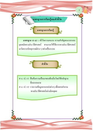 3
มาตรฐานการเรียนรู้และตัวชี้วัด
มาตรฐานการเรียนรู้
มาตรฐาน ส 4.1 : เข้าใจความหมาย ความสาคัญของเวลาและ
ยุคสมัยทางประวัติศาสตร์ สามารถใช้วิธีการทางประวัติศาสตร์
มาวิเคราะห์เหตุการณ์ต่าง ๆ อย่างเป็นระบบ
ตัวชี้วัด
ส 4.1 ป. 5/1 สืบค้นความเป็นมาของท้องถิ่นโดยใช้หลักฐาน
ที่หลากหลาย
ส 4.1 ป. 5/2 รวบรวมข้อมูลจากแหล่งต่างๆ เพื่อตอบคาถาม
ทางประวัติศาสตร์อย่างมีเหตุผล
 