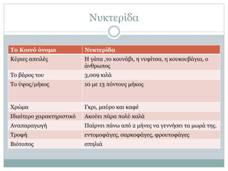 Νυκτερίδα
Το Κοινό όνομα Νυκτερίδα
Κύριες απειλές Η γάτα ,το κουνάβι, η νυφίτσα, η κουκουβάγια, ο
άνθρωπος
Το βάρος του 3,009 κιλά
Το ύψος/μήκος 10 με 13 πόντους μήκος
Χρώμα Γκρι, μαύρο και καφέ
Ιδιαίτερο χαρακτηριστικό Ακούει πάρα πολύ καλά
Αναπαραγωγή Παίρνει πάνω από 2 μήνες να γεννήσει τα μωρά της.
Τροφή εντομοφάγες, σαρκοφάγες, φρουτοφάγες
Βιότοπος σπηλιά
 
