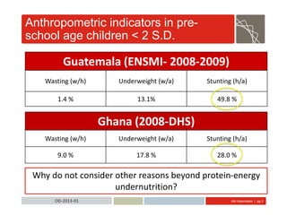 Abt Associates | pg 3OD-2013-01
Guatemala (ENSMI- 2008-2009)
Wasting (w/h) Underweight (w/a) Stunting (h/a)
1.4 % 13.1% 49.8 %
Ghana (2008-DHS)
Wasting (w/h) Underweight (w/a) Stunting (h/a)
9.0 % 17.8 % 28.0 %
Anthropometric indicators in pre-
school age children < 2 S.D.
Why do not consider other reasons beyond protein-energy
undernutrition?
 