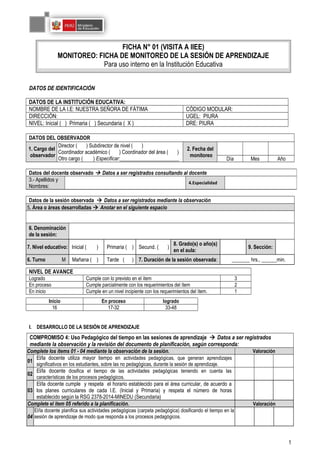 DATOS DE IDENTIFICACIÓN
DATOS DE LA INSTITUCIÓN EDUCATIVA:
NOMBRE DE LA I.E: NUESTRA SEÑORA DE FÀTIMA CÓDIGO MODULAR:
DIRECCIÓN: UGEL: PIURA
NIVEL: Inicial ( ) Primaria ( ) Secundaria ( X ) DRE: PIURA
DATOS DEL OBSERVADOR
1. Cargo del
observador
Director ( ) Subdirector de nivel ( )
Coordinador académico ( ) Coordinador del área ( )
Otro cargo ( ) Especificar:_______________________
2. Fecha del
monitoreo
Día Mes Año
Datos de la sesión observada  Datos a ser registrados mediante la observación
5. Área o áreas desarrolladas  Anotar en el siguiente espacio
6. Denominación
de la sesión:
7. Nivel educativo: Inicial ( ) Primaria ( ) Secund. ( )
8. Grado(s) o año(s)
en el aula:
9. Sección:
6. Turno M Mañana ( ) Tarde ( ) 7. Duración de la sesión observada: _______ hrs., ______min.
NIVEL DE AVANCE
Logrado Cumple con lo previsto en el ítem 3
En proceso Cumple parcialmente con los requerimientos del ítem 2
En inicio Cumple en un nivel incipiente con los requerimientos del ítem. 1
Inicio En proceso logrado
16 17-32 33-48
I. DESARROLLO DE LA SESIÓN DE APRENDIZAJE
COMPROMISO 4: Uso Pedagógico del tiempo en las sesiones de aprendizaje  Datos a ser registrados
mediante la observación y la revisión del documento de planificación, según corresponda:
Complete los ítems 01 - 04 mediante la observación de la sesión. Valoración
01
El/la docente utiliza mayor tiempo en actividades pedagógicas, que generan aprendizajes
significativos en los estudiantes, sobre las no pedagógicas, durante la sesión de aprendizaje.
02
El/la docente dosifica el tiempo de las actividades pedagógicas teniendo en cuenta las
características de los procesos pedagógicos.
03
El/la docente cumple y respeta el horario establecido para el área curricular, de acuerdo a
los planes curriculares de cada I.E. (Inicial y Primaria) y respeta el número de horas
establecido según la RSG 2378-2014-MINEDU (Secundaria)
Complete el ítem 05 referido a la planificación. Valoración
04
El/la docente planifica sus actividades pedagógicas (carpeta pedagógica) dosificando el tiempo en la
sesión de aprendizaje de modo que responda a los procesos pedagógicos.
1
Datos del docente observado  Datos a ser registrados consultando al docente
3.- Apellidos y
Nombres:
4.Especialidad
FICHA N° 01 (VISITA A IIEE)
MONITOREO: FICHA DE MONITOREO DE LA SESIÓN DE APRENDIZAJE
Para uso interno en la Institución Educativa
 