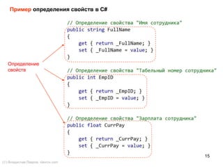 15
Определение
свойств
Пример определения свойств в C#
() Владислав Лавров, vlavrov.com
 