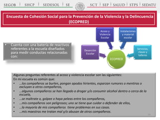 ECOPRED
Deserción
Escolar
Acoso y
Violencia
Escolar
Instalaciones
y material
escolar
Servicios,
clases y
talleres
• Cuenta con una batería de reactivos
referentes a la escuela diseñados
para medir conductas relacionadas
con:
Encuesta de Cohesión Social para la Prevención de la Violencia y la Delincuencia
(ECOPRED)
Algunas preguntas referentes al acoso y violencia escolar son las siguientes:
En mi escuela es común que:
• …los compañeros se burlen, pongan apodos hirientes, esparzan rumores o mentiras o
excluyan a otros compañeros,
• …algunos compañeros se han llegado a drogar y/o consumir alcohol dentro o cerca de la
escuela,
• …se maltrate o, golpee o haya peleas entre los compañeros,
• …mis compañeros son peligrosos; uno se tiene que cuidar o defender de ellos,
• …la mayoría de mis compañeros tiene problemas en sus casas.
• …mis maestros me tratan mal y/o abusan de otros compañeros.
14
 