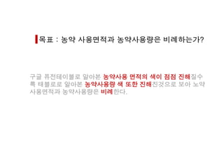 구글 퓨전테이블로 알아본 농약사용 면적의 색이 점점 진해질수
록 태블로로 알아본 농약사용량 색 또한 진해진것으로 보아 노약
사용면적과 농약사용량은 비례한다.
 