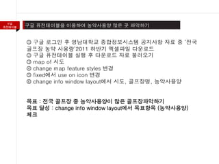 구글
퓨전테이블
⓵ 구글 로그인 후 영남대학교 종합정보시스템 공지사항 자료 중 ‘전국
골프장 농약 사용량’2011 하반기 엑셀파일 다운로드
⓶ 구글 퓨전테이블 실행 후 다운로드 자료 불러오기
⓷ map of 시도
⓸ change map feature styles 변경
⓹ fixed에서 use on icon 변경
⓺ change info window layout에서 시도, 골프장명, 농약사용양
목표 : 전국 골프장 중 농약사용양이 많은 골프장파악하기
목표 달성 : change info window layout에서 목표항목 (농약사용양)
체크
 