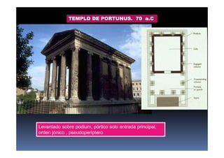 TEMPLO DE PORTUNUS. 70 a.C
Levantado sobre podium, pórtico solo entrada principal,
orden jónico , pseudoperiptero
 
