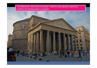 EXTERIOR DE PANTEÓN DE ROMA: PÓRTICO DE ORDEN CORINTIO ,
CUERPO DETRANSICIÓNY CILINDRO
 