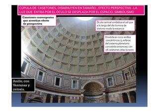 CÚPULA DE CASETONES, DISMINUYEN ENTAMAÑO , EFECTO PERSPECTIVA . LA
LUZ QUE ENTRA POR EL ÓCULO SE DESPLAZA POR EL ESPACIO. SIMBOLISMO
Óculo central simboliza el sol que
a lo largo del día ilumina de
distinto modo la estancia
Dividida en circo anillos
concéntricos (5 esferas
del sistema planetario
concebido entonces) con
28 casetones (días lunares
Casetones convergentes
que acentúan efecto
de perspectiva
Anillo, con
Ventanas y
celosía.
 