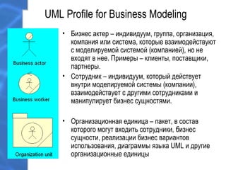 UML Profile for Business Modeling
• Бизнес актер – индивидуум, группа, организация,
компания или система, которые взаимодействуют
с моделируемой системой (компанией), но не
входят в нее. Примеры – клиенты, поставщики,
партнеры.
• Сотрудник – индивидуум, который действует
внутри моделируемой системы (компании),
взаимодействует с другими сотрудниками и
манипулирует бизнес сущностями.
• Организационная единица – пакет, в состав
которого могут входить сотрудники, бизнес
сущности, реализации бизнес вариантов
использования, диаграммы языка UML и другие
организационные единицы
 